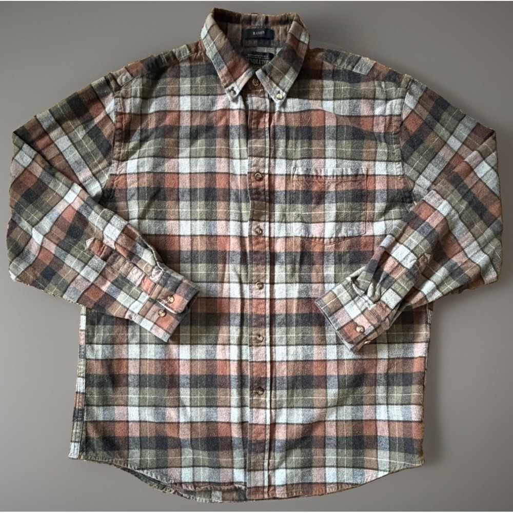 Pendleton Long Sleeve Button Down Mason Shirt Orange Green Plaid Large JBHS
